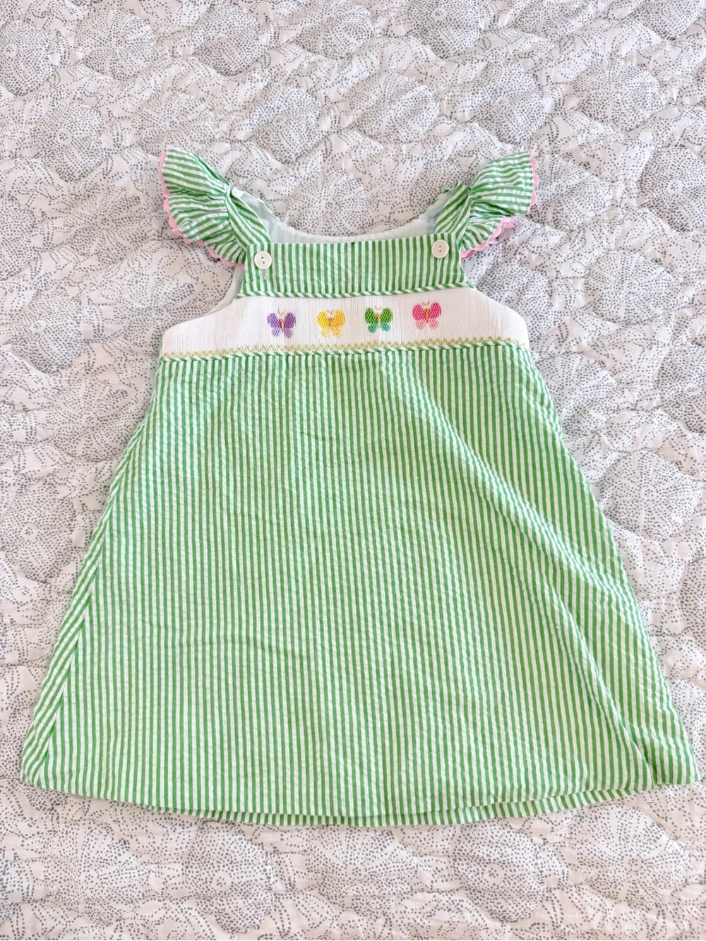 Green Striped Butterfly Smocked Girls' Dress